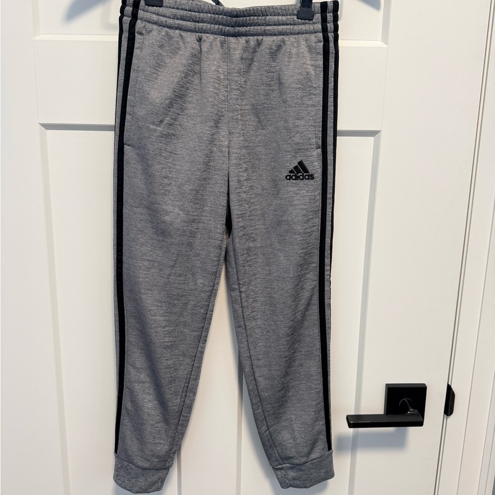 Adidas Kids Gray Joggers with Black Stripes